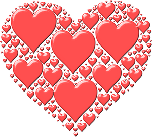 Vektorikuva punaisesta sydämestä, joka on tehty monista pienistä sydämistä