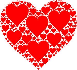 Vektorritning av glänsande rött hjärta gjord av många små hjärtan