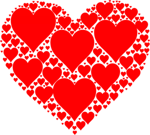 Parlak kırmızı kalp dışında birçok küçük kalpler yapılan çizim vektör