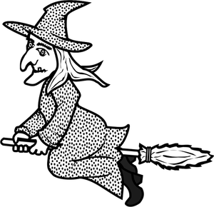 Linie de arta vector imagine de vrăjitoare pe mătură