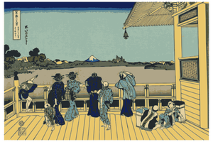 Illustrazione vettoriale di uomini e donne che esaminano il Monte Fuji da una terrazza
