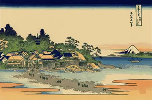 Gambar vektor lukisan warna Enoshima di Provinsi Sagami, Jepang