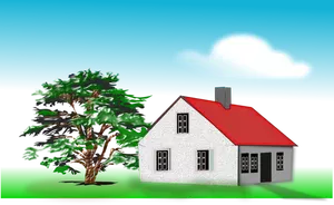 Vector miniaturi de casa mare lângă un copac vechi