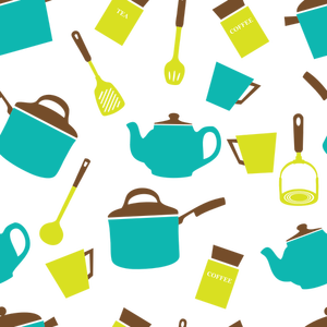 Bilden av färgen köksutrustning på vit bakgrund