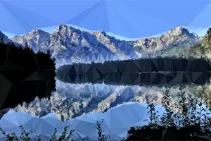 Nízké poly horské jezero reflexe