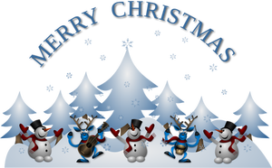 Sneeuwpop en dansen Rendier met gitaar Merry Christmas wenskaart vectorillustratie