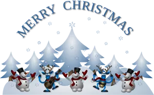 Sneeuwpop en dansen Rendier met gitaar Merry Christmas wenskaart vectorillustratie
