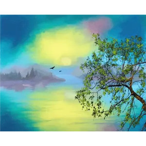 Pintura artística da árvore e do lago