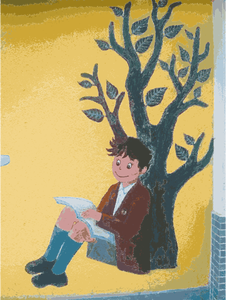 Disegno di vettore di un murale di libro di lettura del ragazzo