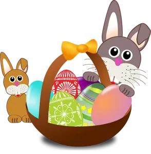 Baby rabbit and a bunny behind Easter egg basket vector illustration