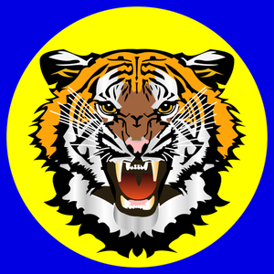 Tigre amarillo de dibujo vectorial de etiqueta azul