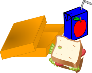 Vector image of orange lunch box with sandwich and juice