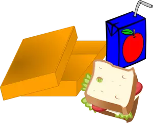 Immagine vettoriale della scatola arancione pranzo con panino e succo
