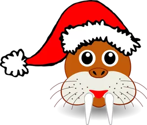 WALRUS wajah dengan Santa Claus topi vektor