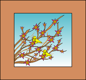 Keltaiset linnut puun oksilla kukkien kuvalla