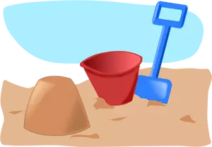 Vector drawing of sandcastle with bucket and spade