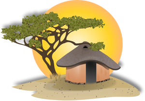 Dessin de paysage avec hutte africaine vectoriel
