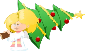 Christmas tree carrying angel vector clip art