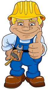 Vector drawing of construction man showing hands up