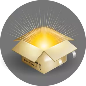 Vector illustration of cardboard box with rays of light coming out