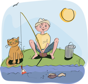 Çocuk ve kedi balıkçılık vektör çizim