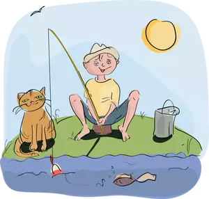 Junge und Katze Fischerei Vektorgrafik