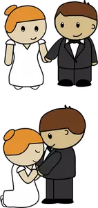 Vector illustration of two scenes of cartoon bride and groom
