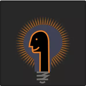 Graphics of humanoid head in front of a glowing lightbulb