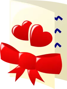 Illustraties in kleur van twee harten en een boog Valentines kaart