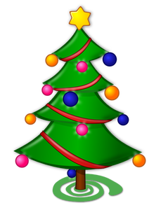 Albero di Natale con ornamenti e grafica vettoriale nastro rosso