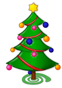 Árbol de Navidad con adornos y gráficos vectoriales de cinta roja