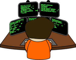 Male programmer working with five screens vector image