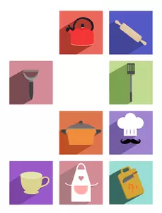 Vektorritning av köksredskap långa skugga ikoner