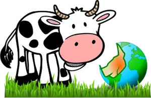Vector image of cartoon cow eating Earth