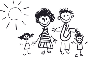 Zwart-wit kid's tekening van een familie