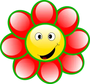 Piirros hymyilevästä punaisesta ja vihreästä kukasta