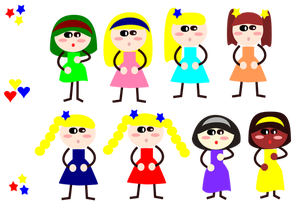 Cartoon meisjes in verschillende jurken