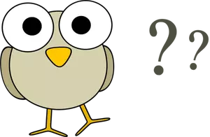 Vector drawing of funny grey cartoon bird with big eyes and some question marks