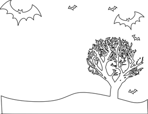 Illustrazione vettoriale di contorno del paesaggio con albero e pipistrelli