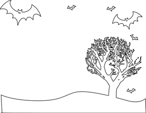 Ilustração em vetor esboço de cenário com morcegos e árvore