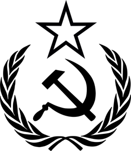 Línea arte vector clip del martillo, hoz y estrellas en la corona de laurel