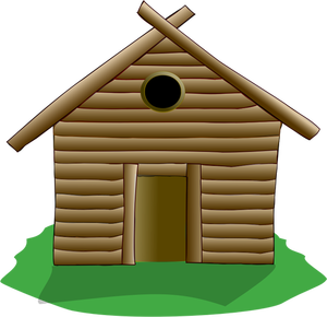 Illustratie van houten huis omgeven door gras
