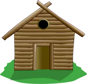Illustratie van houten huis omgeven door gras
