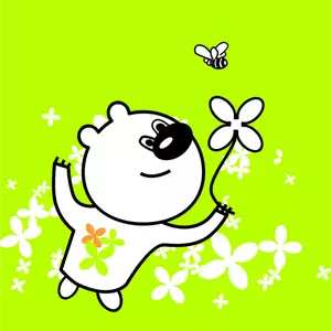 Vector clip art of bear looking at a flower and a bee