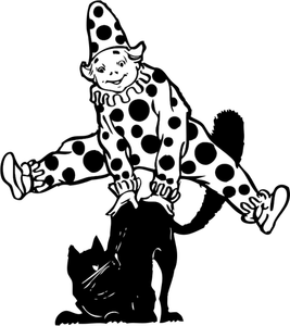 Векторная иллюстрация клоуна, перепрыгивая через cat