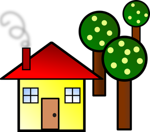 Enkel ritning av huset med tjock vit kontur och rött tak