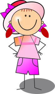 Vector de dibujo de color rosa y roja niña sonriente figura de palo