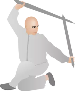 Vector drawing of kung fu man with two swords