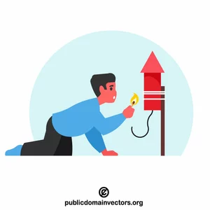 A man is lighting a firework rocket