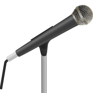 Microfono in scala di grigi su disegno vettoriale di stand